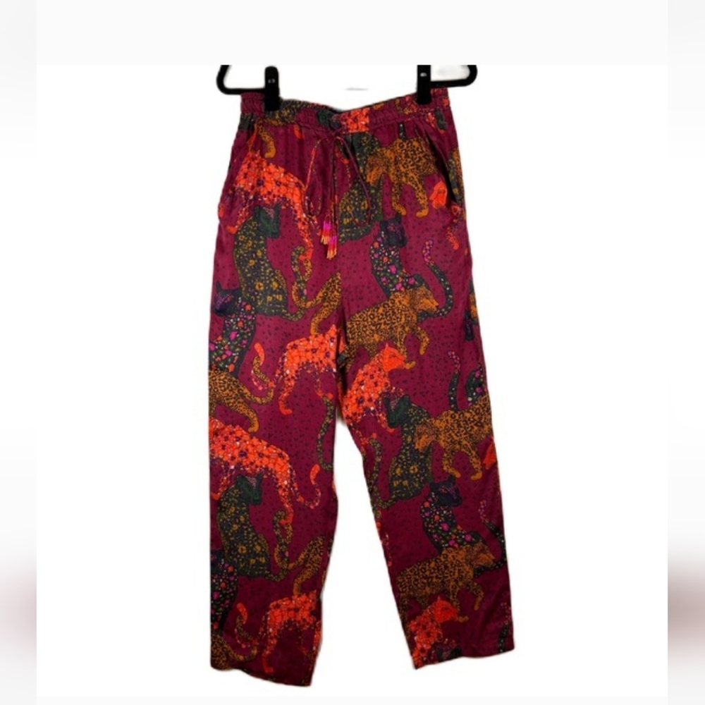 FARM Rio Leopard Print Wide Leg Pants Women's M Burgundy‎ Drawstring Tassel